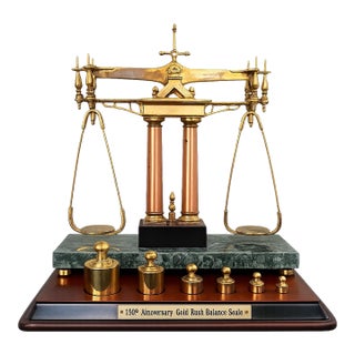 Franklin Mint 150th Anniversary Gold Rush Brass Balance Scale With Marble Base & Weights For Sale