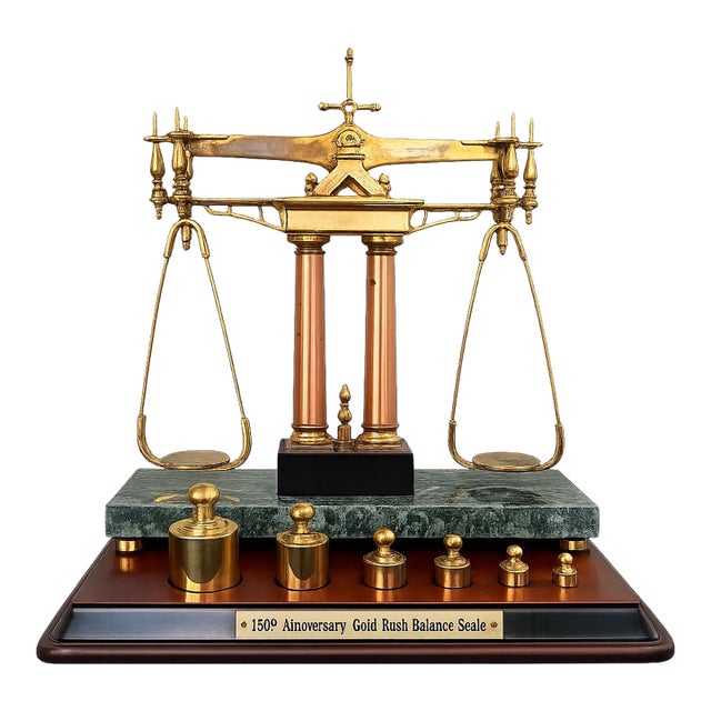 Franklin Mint 150th Anniversary Gold Rush Brass Balance Scale With Marble Base & Weights For Sale