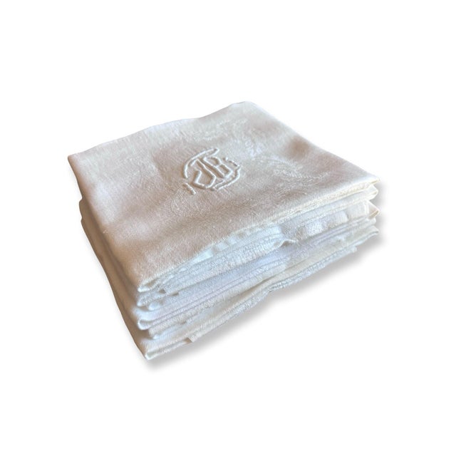Antique French Damask Linen Dinner Napkins Jb Monogram Hand Embroidered Hemstitch - Set of 7 For Sale - Image 10 of 17