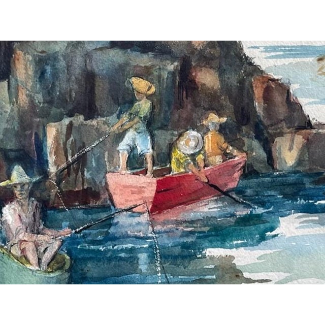 Beauty of Mountains, boats, fisherman's with blue green waters, colorful outfits, green and red boats on this watercolor...