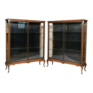 Mid 20th Century Queen Anne Style Display Cabinets Glass Shelves—A Pair