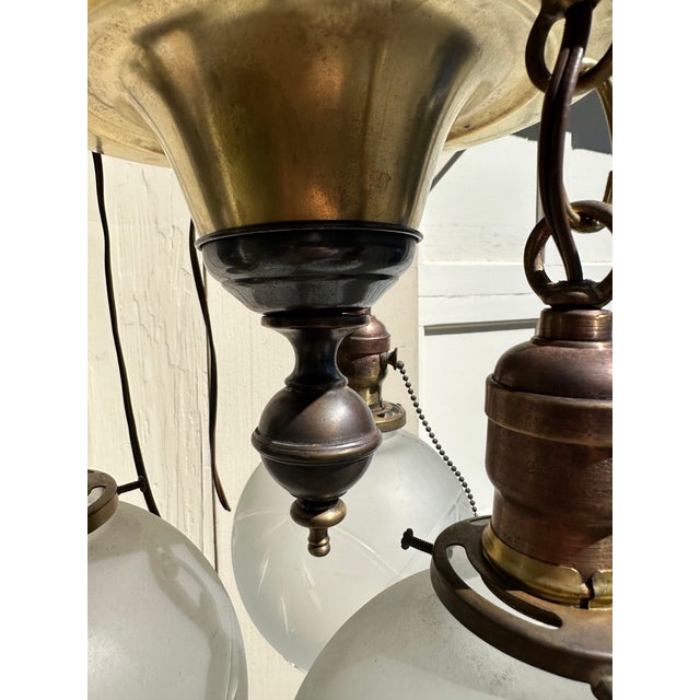 Vintage Three Light Brass Semi-Flush Mount Fixture With Vintage Shades For Sale - Image 9 of 12