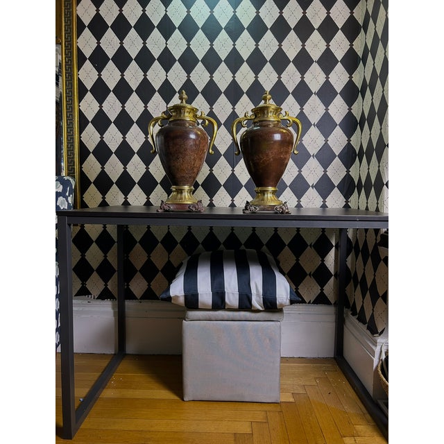 1970s Grand Neoclassical Patinated Metal Urns With Gilt Scroll Handles, Pair, 16" For Sale - Image 14 of 15