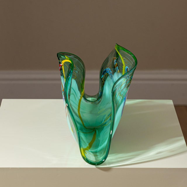 Green Viz Art Glass Green Fan Sculptural Blown Glass Vessel For Sale - Image 8 of 10