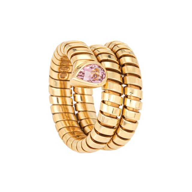 Pre-owned Bulgari Serpenti tubogas ring crafted in 18k yellow gold (circa 1990s) Pear cut pink tourmaline measures 6mm x...