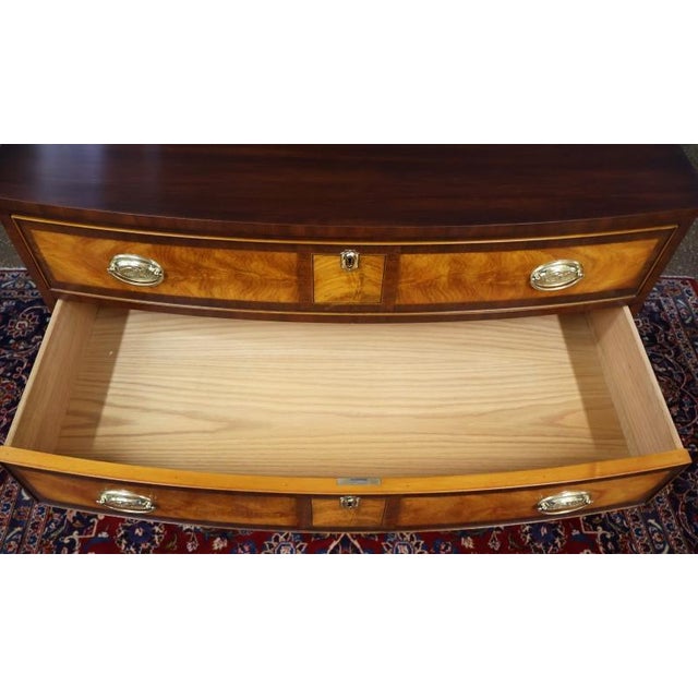 1990s Henkel Harris Mahogany & Flame Birch Inlaid Rogers Bowfront Dresser Chest For Sale - Image 13 of 17
