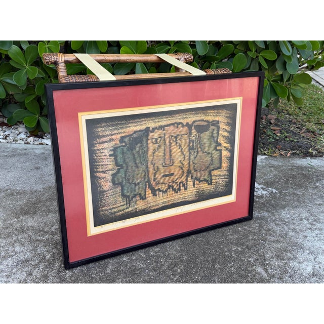 Vintage 1975 Yuji Watanabe Sōsaku-Hanga Woodblock Print “Three Faces” For Sale In Naples, FL - Image 6 of 10