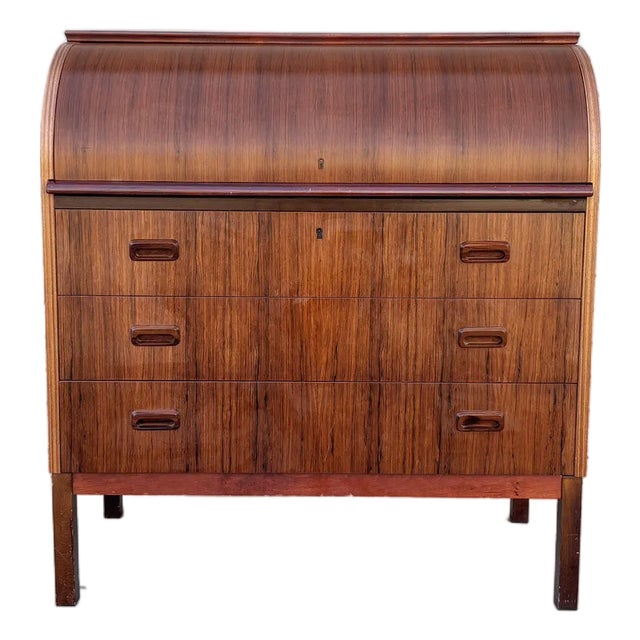 1960s Danish Modern Rosewood Roll Top Writing Desk Attributed to Bernhardt Pedersen For Sale