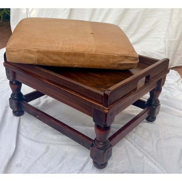 Late 20th Century Ethan Allan Heirloom Collection Leather and Solid Wood in Nutmeg Finish Footstool For Sale - Image 5 of 13