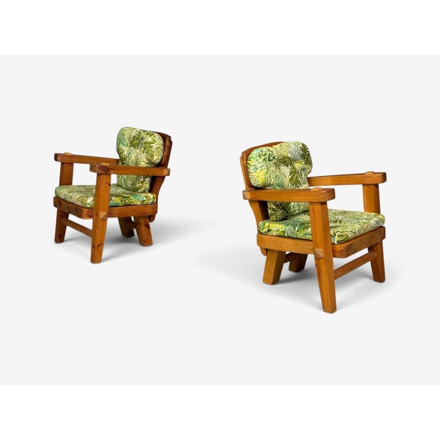 Stig Sandqvist, Brutalist Lounge Chairs, Pine, Green Fabric, Sweden, 1960s For Sale - Image 4 of 15