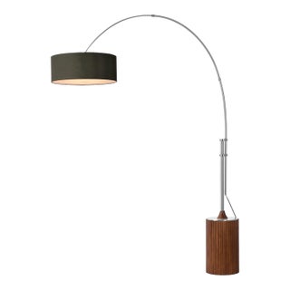 Tambo 92"h 1-Light Arc Lamp, Black Linen Shade, Dark Walnut Base, Satin Nickel, Dimmable, for Living Room or Bedroom For Sale