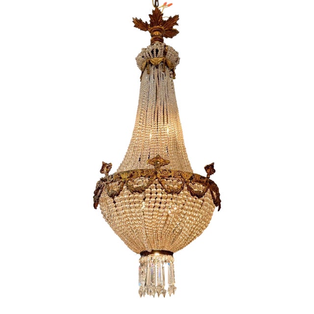 19th Italian Gilt Bronze and Crystal Basket Chandelier For Sale