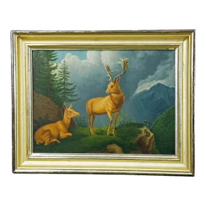 Unknown - Painting Fallow Deer With Doe in the Alps, Oil on Canvas 19th Century