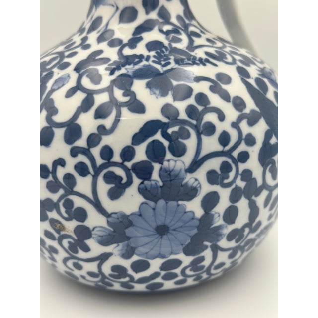 Ceramic Vintage Chinoiserie Blue & White Porcelain Ewer – Hand Painted Birds & Florals For Sale - Image 7 of 10