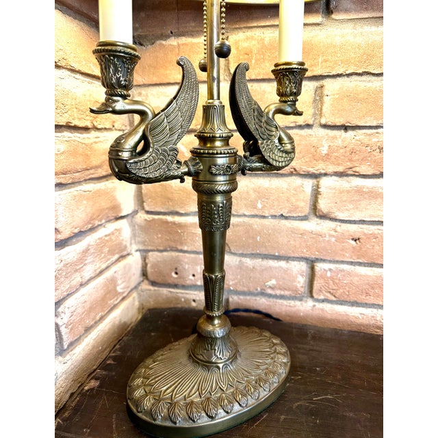 1990s Pair of Brass French Empire Swan Tóle Bouillotte Lamps. For Sale - Image 9 of 12