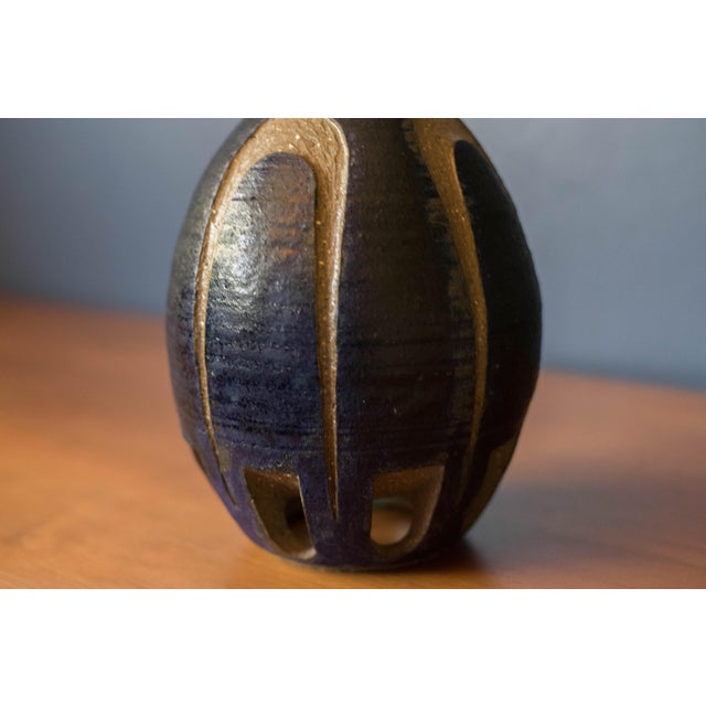Blue Vintage Sculptural Decorative Blue Stoneware Ceramic Pottery Bud Vase For Sale - Image 8 of 9