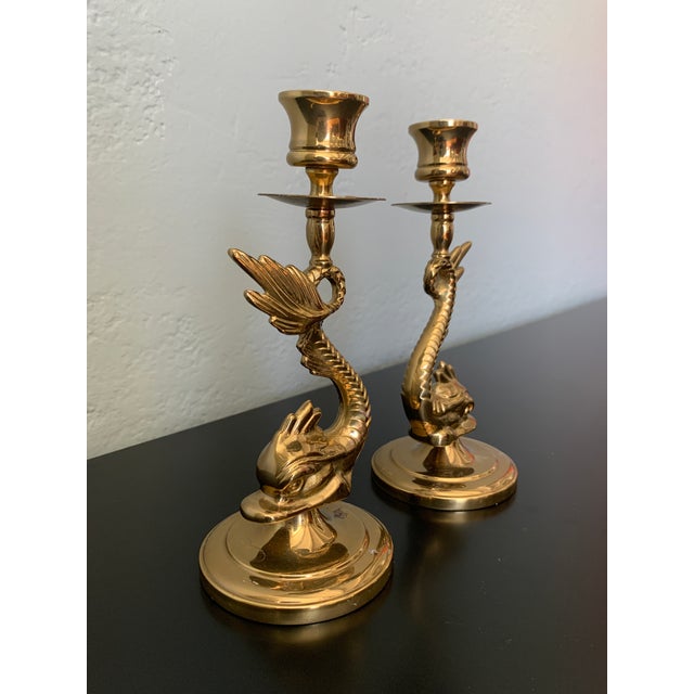 Mid 20th Century Asian Brass Finish Metal Koi Taper Candle Holders, A Pair For Sale - Image 4 of 8
