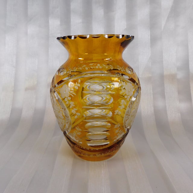 Glass 1950s Yellow Cut to Clear Vase For Sale - Image 7 of 15