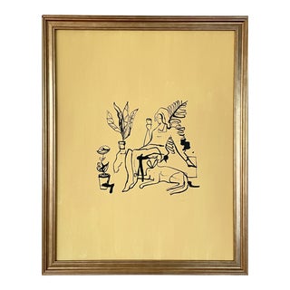 Original Yellow Ink Painting of a Woman Reclining With Cat by Max and Alma For Sale