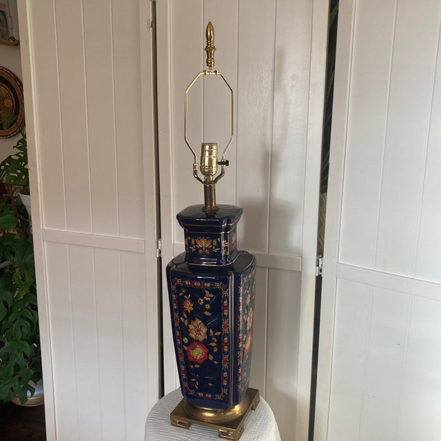 Make a commanding, luxurious statement with this monumental 29-inch vintage Chinoiserie table lamp. Boasting a striking...