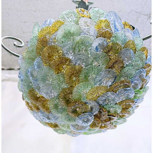 Vintage Italian Tole Chandelier With Murano Glass Flowers For Sale - Image 4 of 9