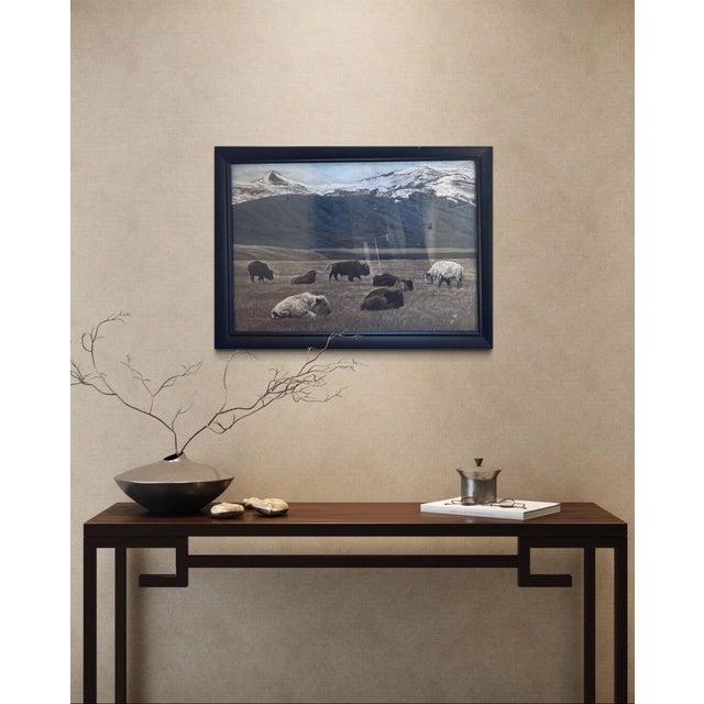 This artwork depicts a serene landscape with a group of bison grazing in a vast, open field under a muted, overcast sky....
