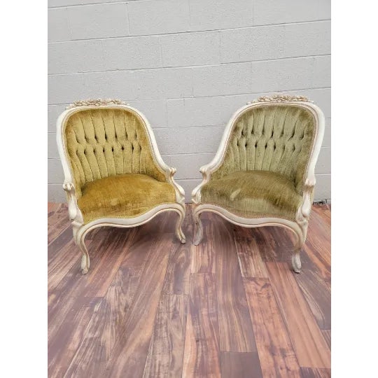 Hollywood Regency French Carved Tufted Back Lounge Chairs - Pair For Sale - Image 11 of 11