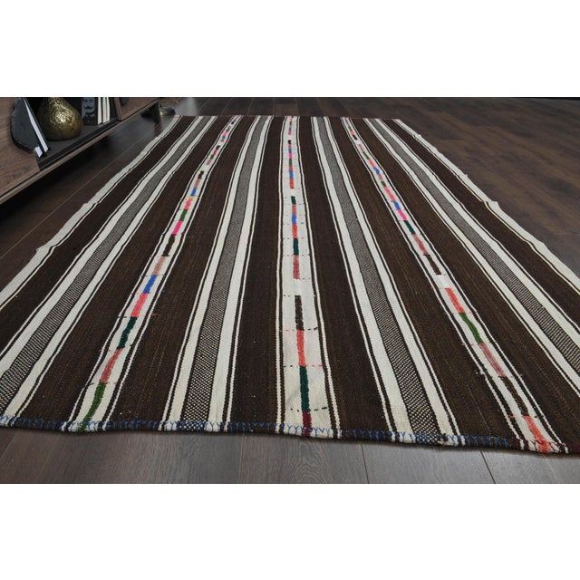 Beige Brown Bold Striped Antique Vintage Oushak Wool Kilim Rug For Sale - Image 4 of 11