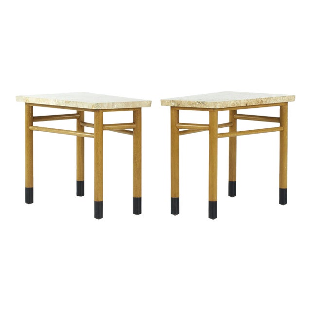 Edward Wormley for Dunbar Mid Century Travertine Wedge Tables - Pair For Sale