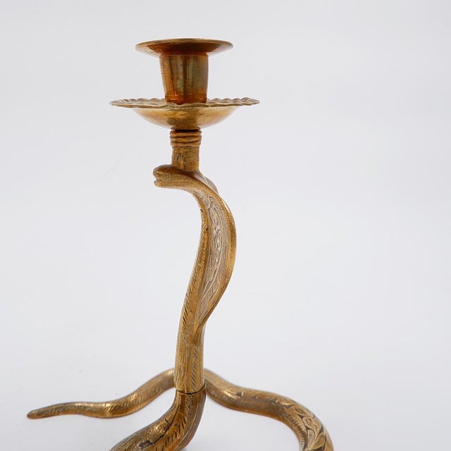 Mid-Century Modern Engraved Brass Cobra Candlesticks, 1960s, Set of 2 For Sale - Image 3 of 17