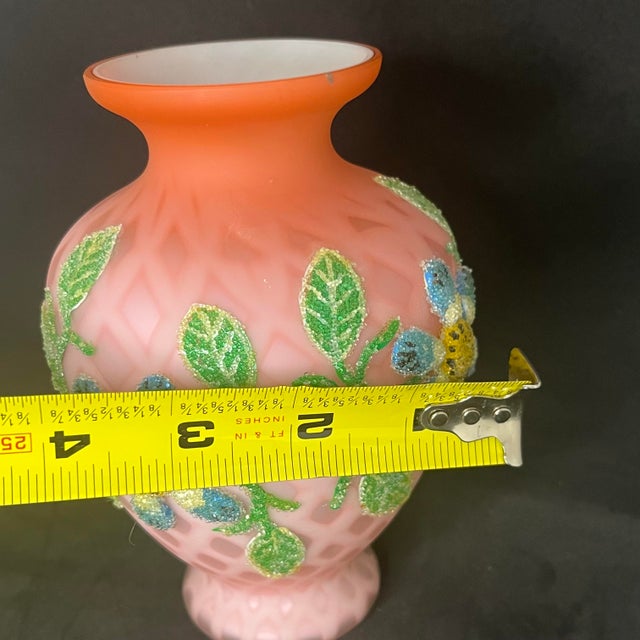 Pink Antique Victorian Pink Satin Art Glass Vase Coralene Floral Bee Butterfly 6” For Sale - Image 8 of 10