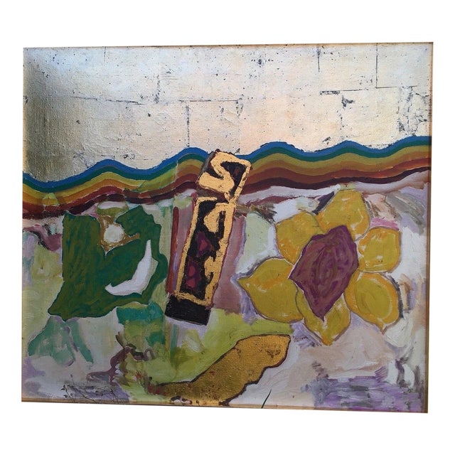 Zinke Peter, Rainbow Gold Foil Lemon Wreath with Purple Vulva, 1970s, Oil on Canvas For Sale