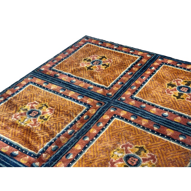 Ink Blue Rectangular Tibetan Style Geometric Medallion Graphic Wool Rug Carpet For Sale - Image 8 of 11