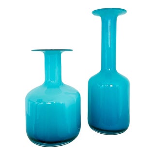 Pair of Vintage Turquoise Cased Glass Vases For Sale