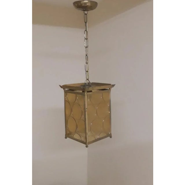 Small Lantern Shaped Ceiling Lamp with Brass Mount and Yellow Patterned Glass Shade, 1960s, in Very Good conditions....