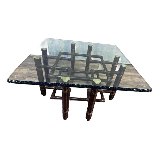 Vintage McGuire Bamboo Rattan Lattice Coffee Table With Pie Crust Glass Top For Sale