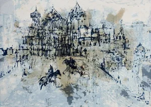 Modernist Medieval Cityscape Serigraph Print