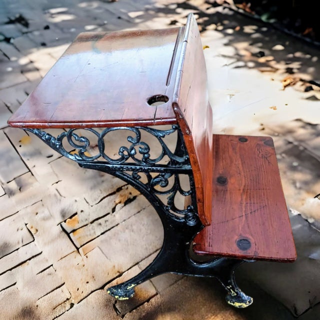 Farmhouse Antique Wood and Cast Iron School Desk For Sale - Image 3 of 12
