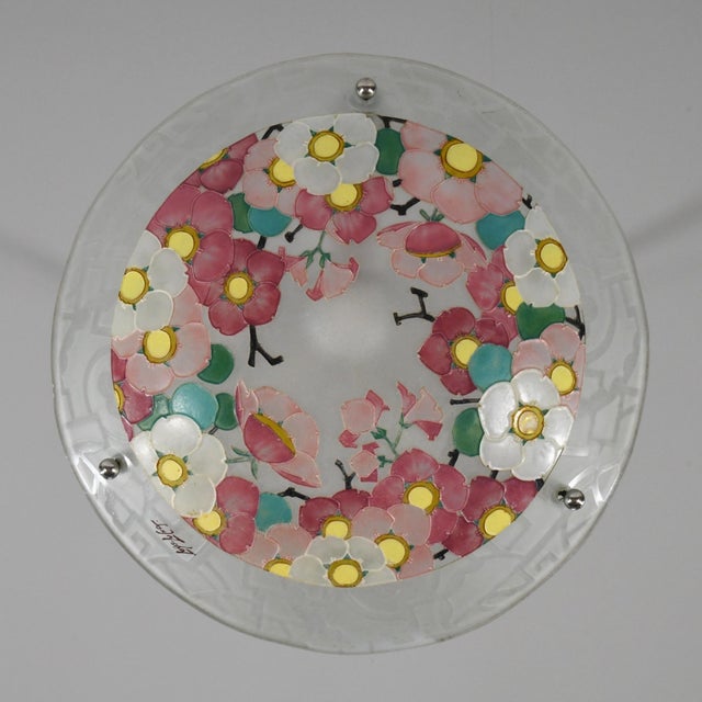 French Art Deco Pendant Light by Loys Lucha 1930s - Pink Enameled Floral Bowl For Sale - Image 9 of 13