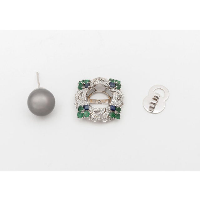 Art Deco Style 18k White Gold, Pearl, Multicolor Gemstones, and Diamond Earrings For Sale - Image 9 of 10