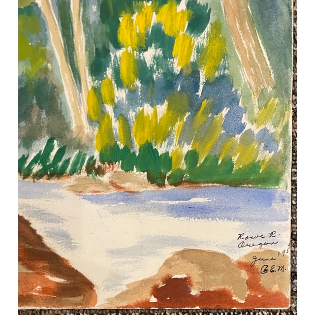 1954 landscape of an Oregon river by Northwest artist GE Matthews. It is inscribed "Rowe" River which could be the Row...