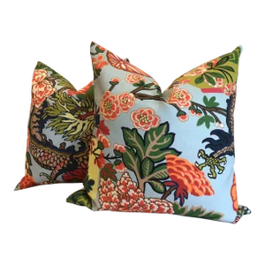 Chiang Mai Dragon Aquamarine Linen Pillows - a Pair