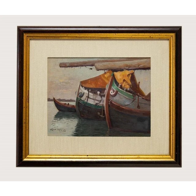 Ships is an original painting realized by Bruno Croatto in 1938. Signed and dated by the Artist at bottom left. Includes a...