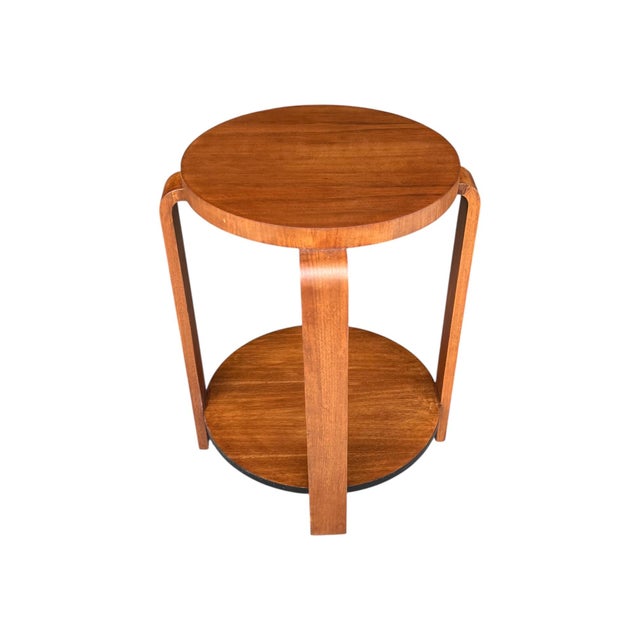 Brown 1930s French Art Deco Walnut Side Table With Sculptural Architectural Base- Fully Restored, Open Shelf For Sale - Image 8 of 15