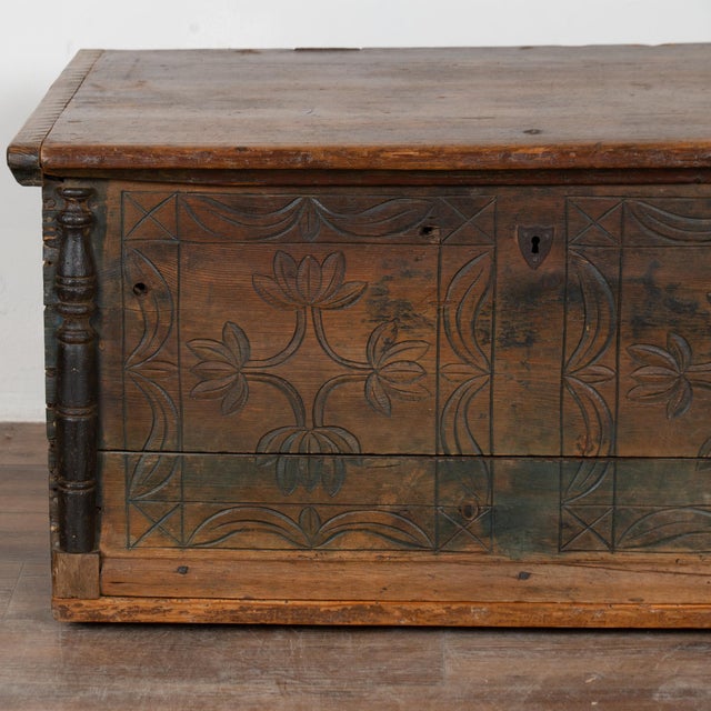 Hungarian Carved Pine Flat Top Trunk Dated 1848 For Sale - Image 11 of 15
