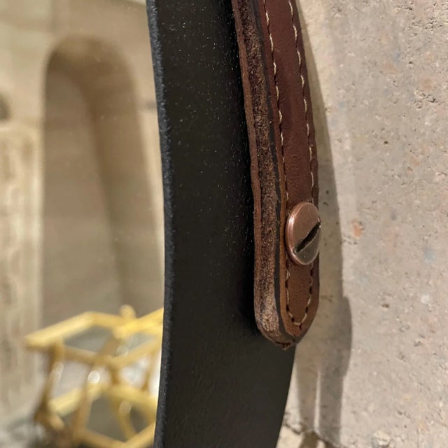 Jacques Adnet French Modernist Jacques Adnet Equestrian Leather Round Wall Mirror For Sale - Image 4 of 12