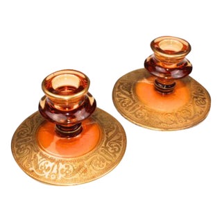 Vintage 1930s Fostoria Amber Glass and Gold Candle Holders- Set of 2 For Sale