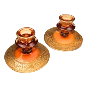 Vintage 1930s Fostoria Amber Glass and Gold Candle Holders- Set of 2