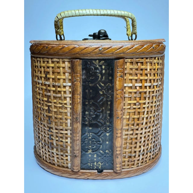 Coastal Rattan Embossed Black Metal and Wood Basket For Sale - Image 9 of 12