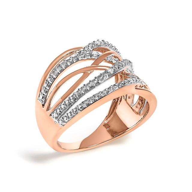Contemporary 14K Rose Gold Plated .925 Sterling Silver Diamond Accent Crossover Ring (I-J Color, I2-I3 Clarity) - Ring Size 7 For Sale - Image 3 of 6